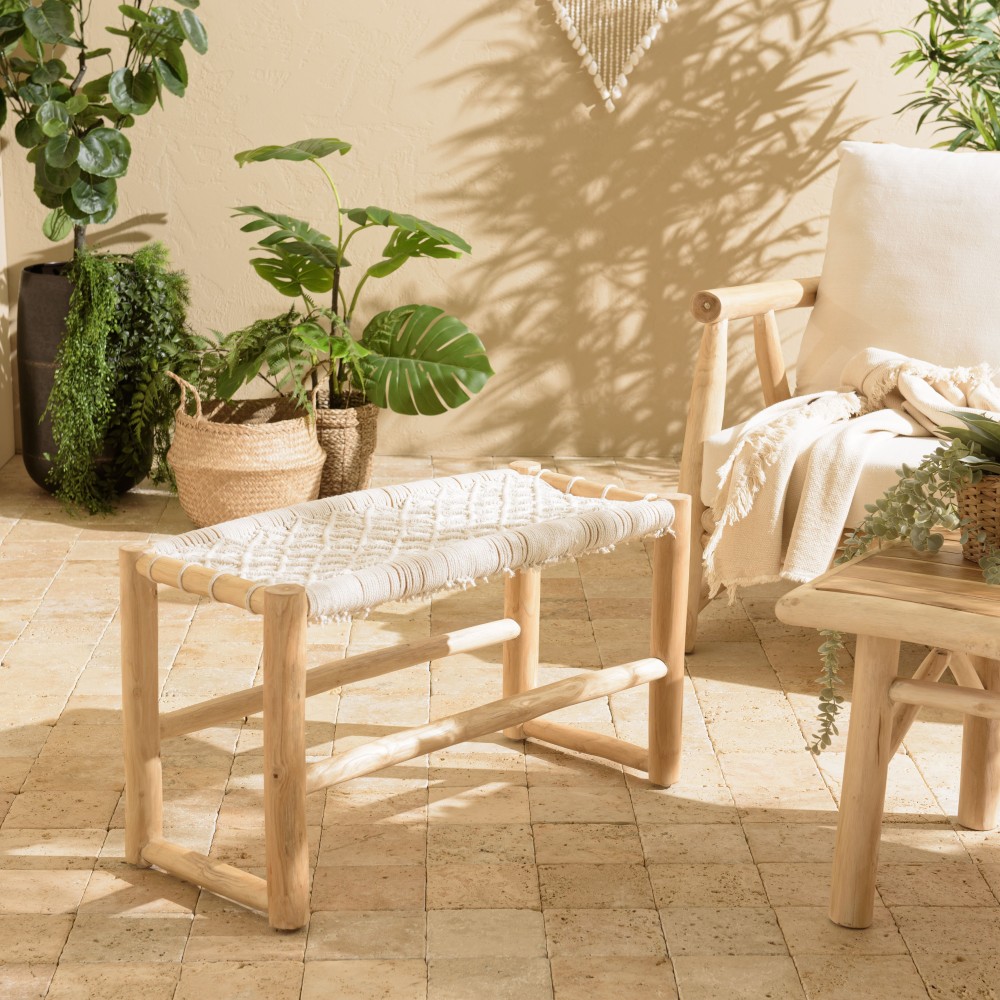 WILL Teak Branch Bench with White Macramé Seat