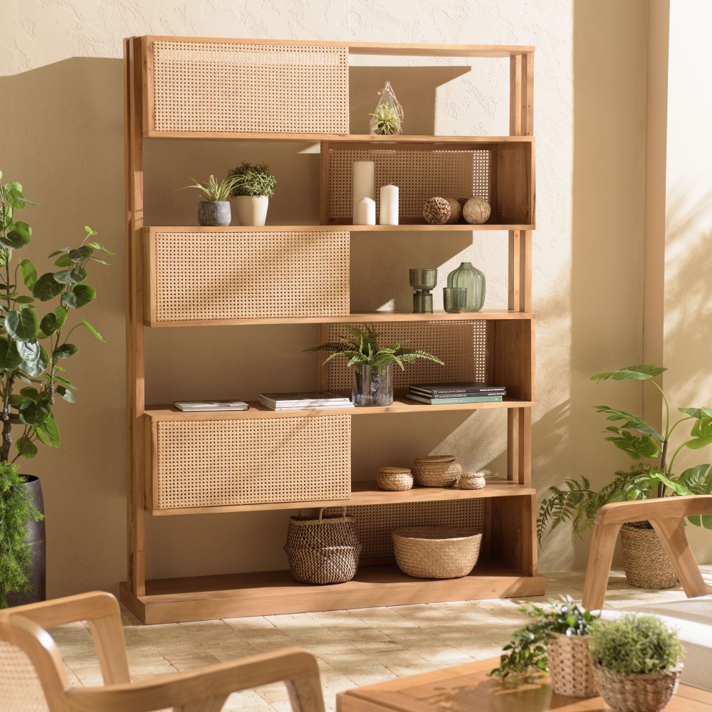 Étagère 6 niveaux en bois de mahogany et cannage naturel Étagère 6 niveaux en bois de mahogany et cannage naturel