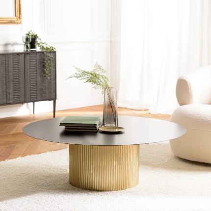 JAMES Round Coffee Table 110x110cm - Black Iron Top and Gold Striped Legs