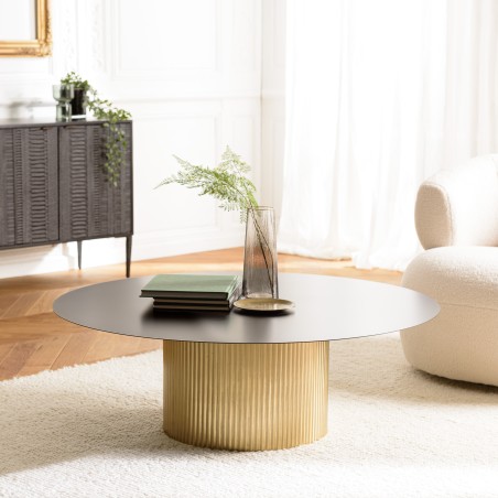 Table basse ronde JAMES 110x110cm en fer noir et pied doré