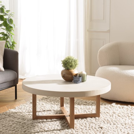 WALLY Round Coffee Table 92x92cm - Beige Concrete & Teak Legs