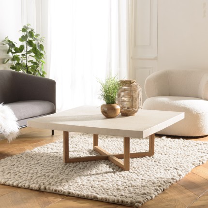 Table basse carrée WALLY en béton beige et teck