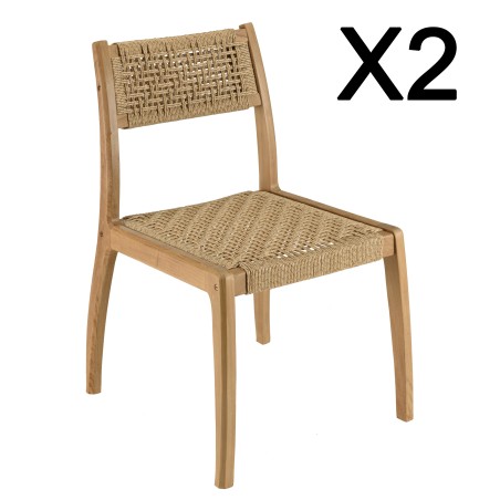 VALERIA Set of 2 Teak Garden Chairs - Beige Woven Rattan