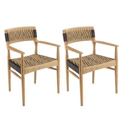 VALERIA - Set of 2 Teak Garden Armchairs | Beige/Black Synthetic Rattan
