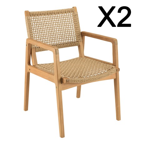 Lot de 2 fauteuils jardin teck naturel rotin synthétique