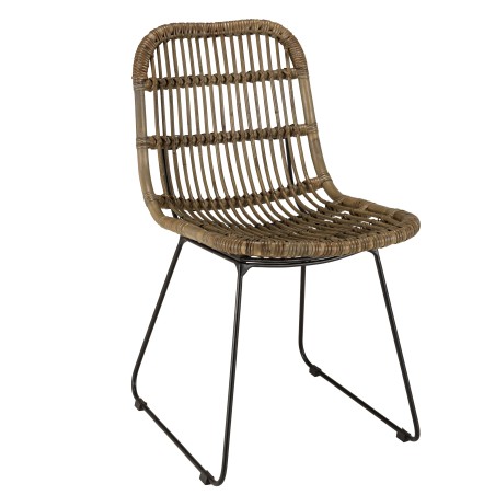 KALLY - Set of 2 Grey Rattan Chairs with White Cushions and Black Metal Legs