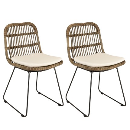 KALLY - Set of 2 Grey Rattan Chairs with White Cushions and Black Metal Legs