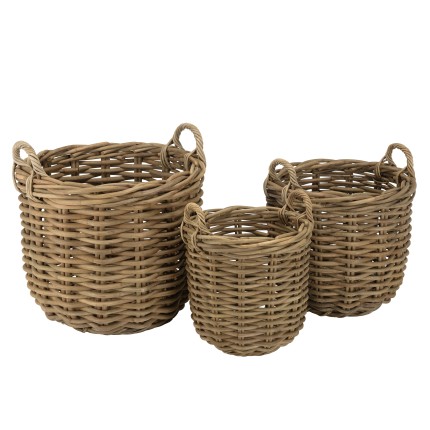 KALLY - Set of 3 Round Storage Baskets in Natural Rattan