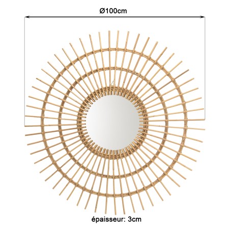 KALLY Round Mirror 100 cm - Sun Design, Honey Brown Rattan