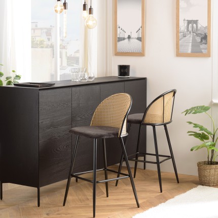Lot de 2 tabourets d'îlot LEA - Assise tissu noir - Dossier effet cannage