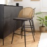 Lot de 2 tabourets d'îlot LEA - Assise tissu noir - Dossier effet cannage
