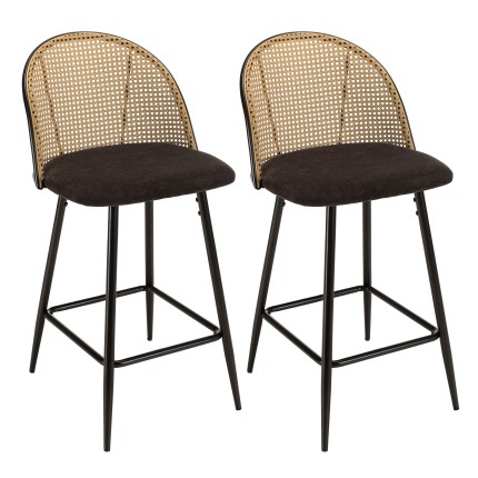 Lot de 2 tabourets d'îlot LEA - Assise tissu noir - Dossier effet cannage