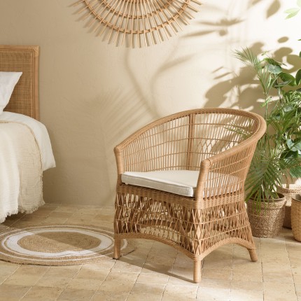 KALLY Natural Rattan Armchair with White Seat Cushion