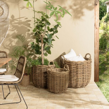 KALLY - Set of 3 Round Storage Baskets in Natural Rattan