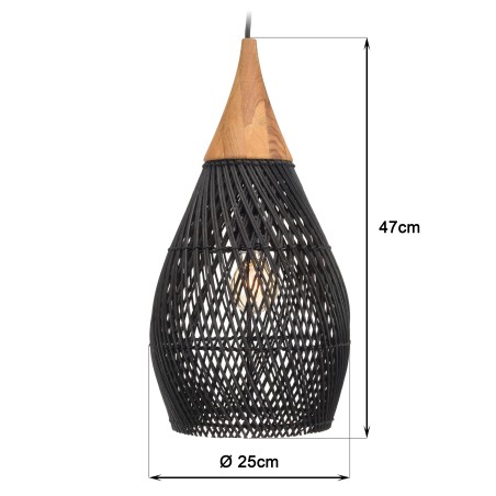 Suspension goutte rotin noir et teck 25x25cm