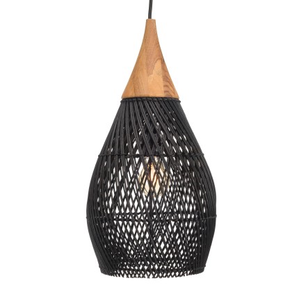 SIXTINE 'Drop' Pendant Light 25x25cm - Black Rattan & Teak