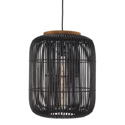 SIXTINE 'Elongated' Pendant Light - Black Rattan & Teak - 35 x 35 cm