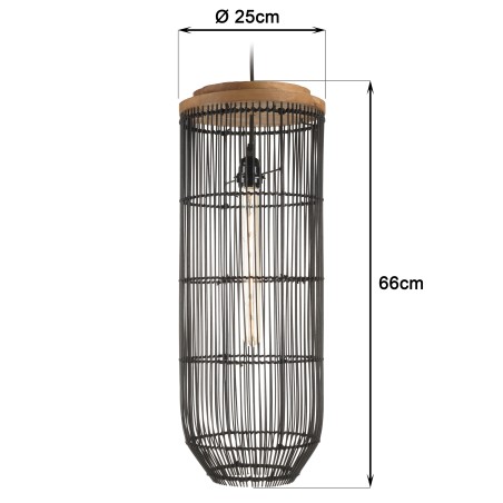 SIXTINE 'Long' Pendant Light - 25 x 25 cm - Black Rattan & Teak