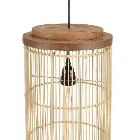 SIXTINE 'Long' Pendant Light - Natural Rattan and Teak - 25 x 25 cm