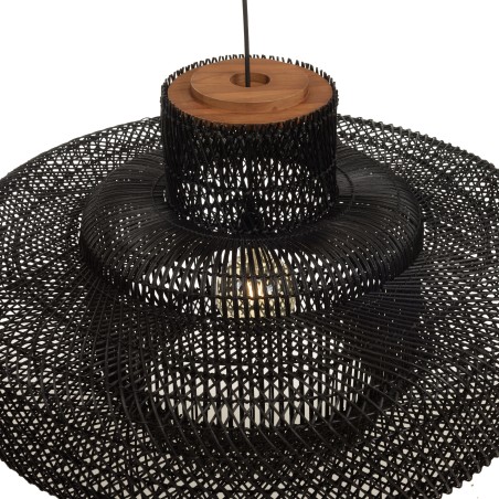 SIXTINE Double Pendant Light - Black Rattan & Teak - 90x90cm