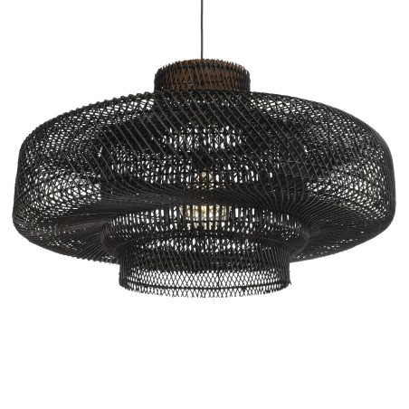 SIXTINE Double Pendant Light - Black Rattan & Teak - 90x90cm