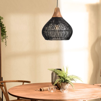 SIXTINE 'Bell' Pendant Light - Black Rattan and Teak, 40x40cm