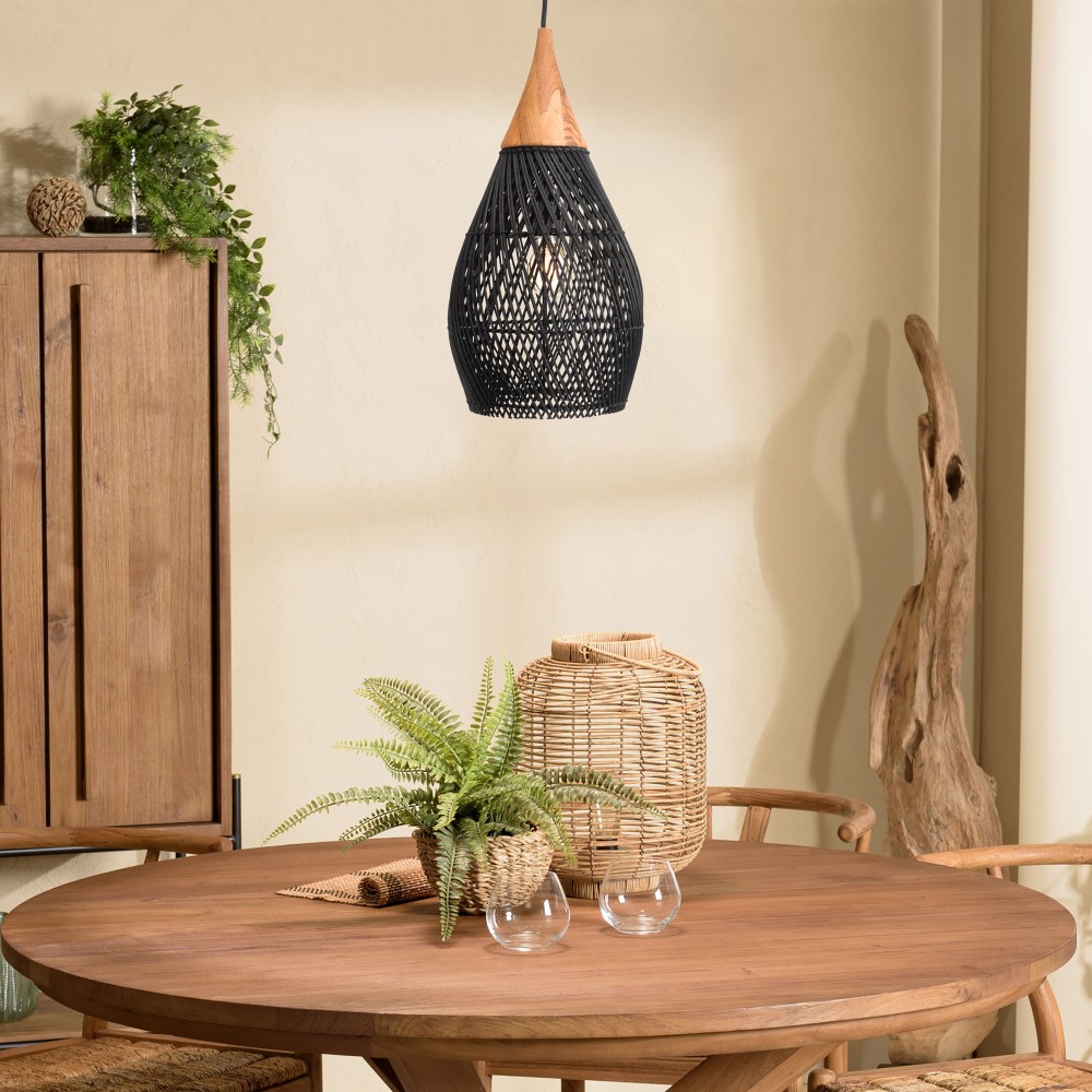 Suspension goutte rotin noir et teck 25x25cm Suspension goutte rotin noir et teck 25x25cm