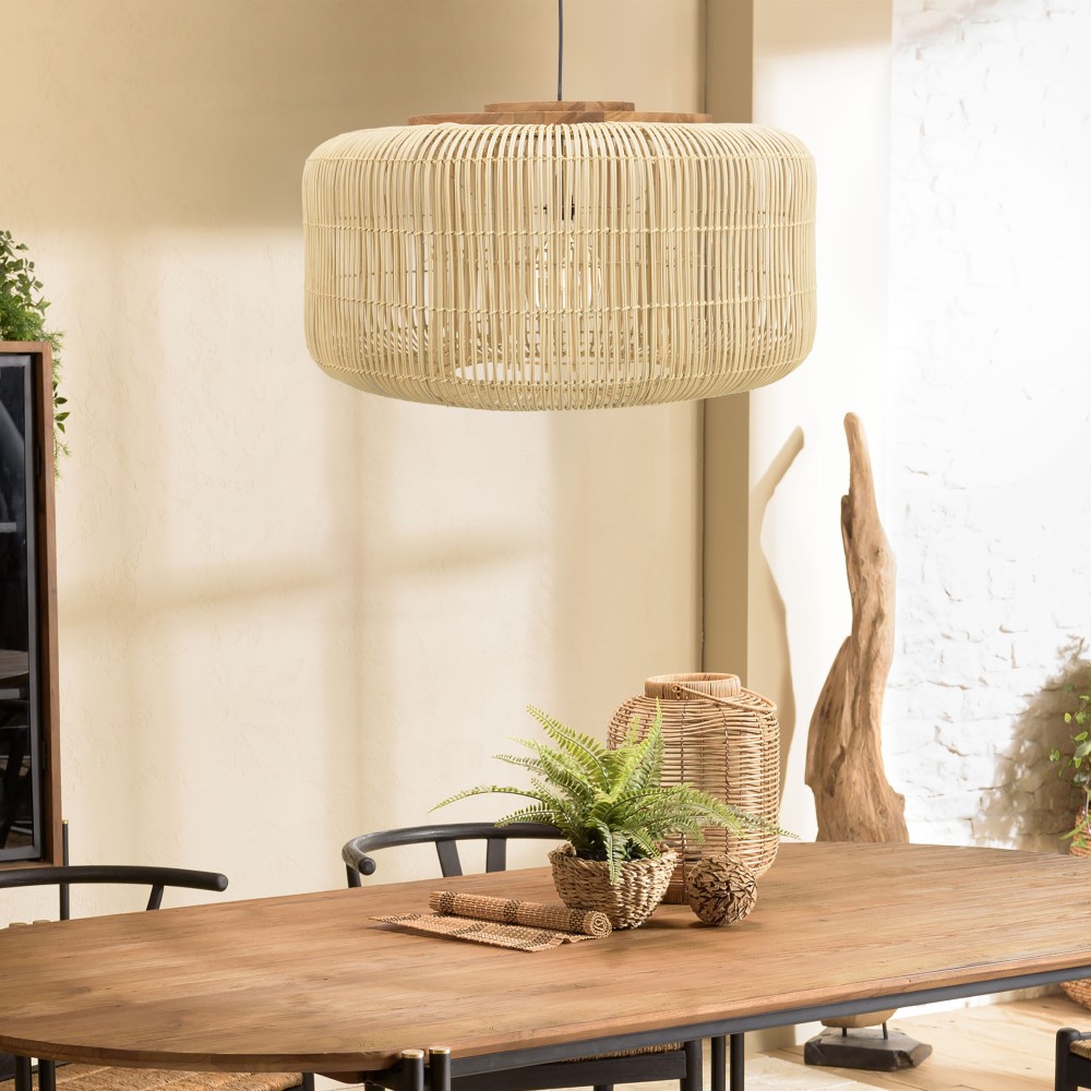SIXTINE 'Bucket' Pendant Light - Natural Rattan and Teak - 76x76cm SIXTINE 'Bucket' Pendant Light - Natural Rattan and Teak - 76x76cm
