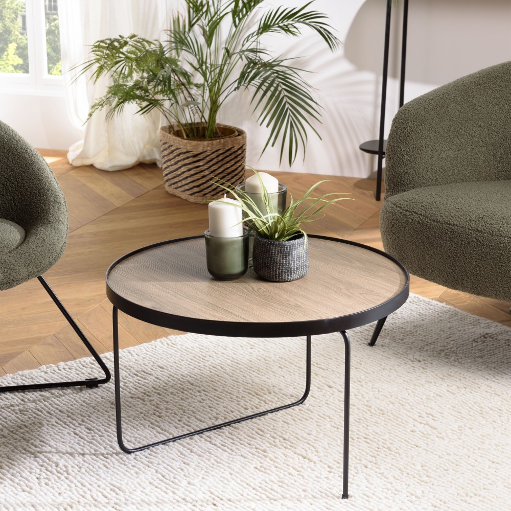 JULIA Round Coffee Table 60x60cm Mocha Asymmetrical Black Metal Legs JULIA Round Coffee Table 60x60cm Mocha Asymmetrical Black Metal Legs