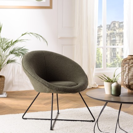AGATHE Armchair in Khaki Green Bouclé Fabric | Modern Design