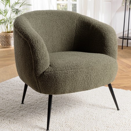 AGATHE - Cosy Armchair in Khaki Green Bouclé Fabric