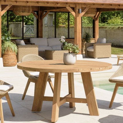 Table à manger de jardin ronde KALLY 150x150cm en teck recyclé
