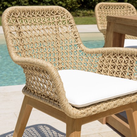 VALERIA Set of 2 Garden Armchairs - Synthetic Rattan & Teak with White Cushion