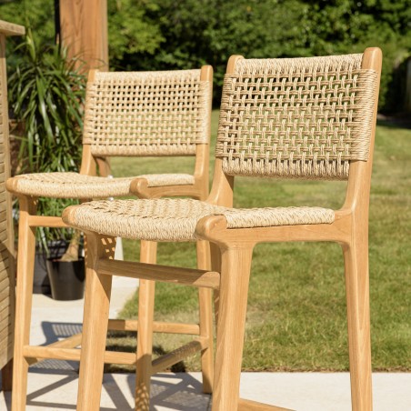 VALERIA Set of 2 Beige Synthetic Rattan Teak Garden Bar Stools