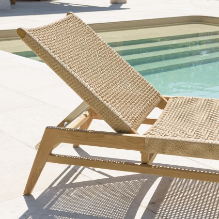 VALERIA Sun Lounger - Natural Teak & Beige Rattan - 4 Reclining Positions