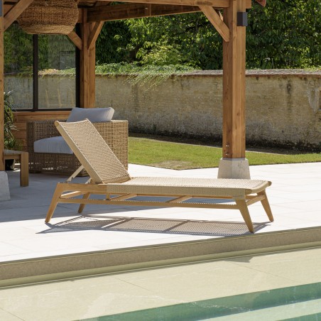 VALERIA Sun Lounger - Natural Teak & Beige Rattan - 4 Reclining Positions