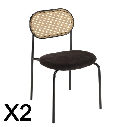LEA - Set of 2 Chairs with Black Fabric Seat and Cane Backrest
