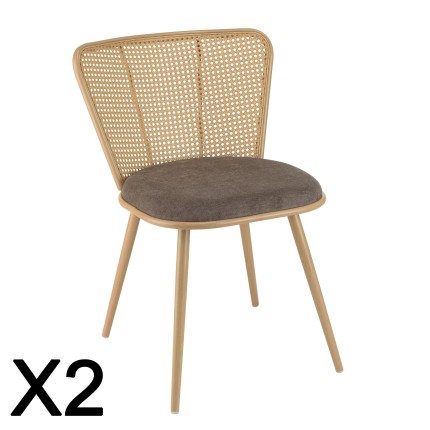 LEA Set of 2 Chairs with Taupe Fabric Seat and Wide Cane-Effect Backrest