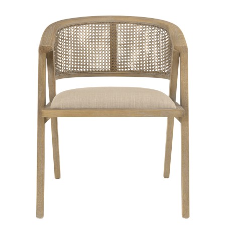 PIERRE Wooden Chair with Linen-Colored Fabric Seat and Natural Rattan Backrest