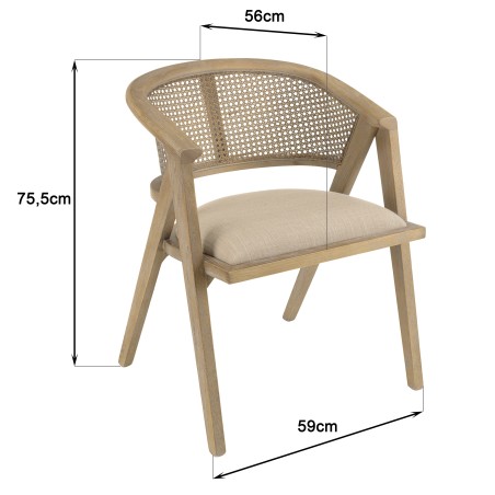 PIERRE Wooden Chair with Linen-Colored Fabric Seat and Natural Rattan Backrest