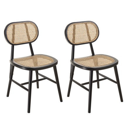 PIERRE Set of 2 Black Wooden Chairs with Rattan Seat
