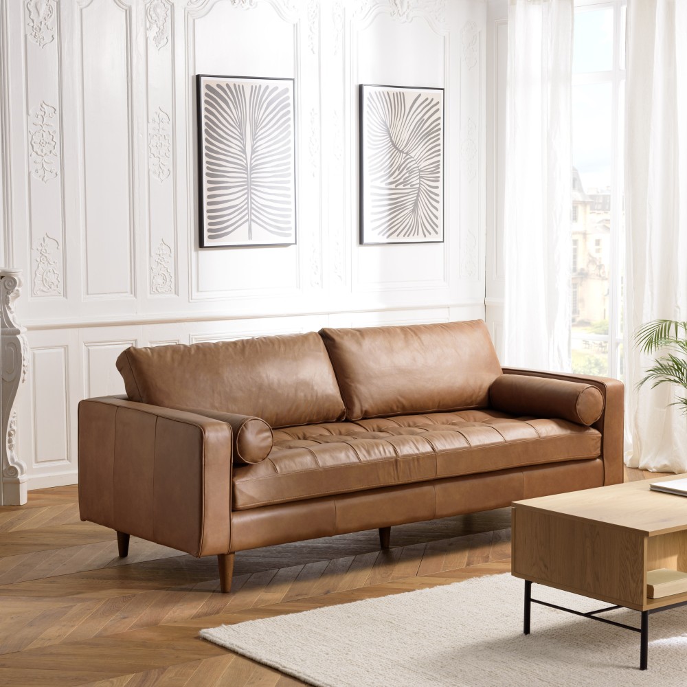 PIERRE 3-Seater Sofa in Caramel-Colored Leather PIERRE 3-Seater Sofa in Caramel-Colored Leather