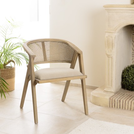 Chaise en bois PIERRE - Assise tissu lin et dossier rotin naturel