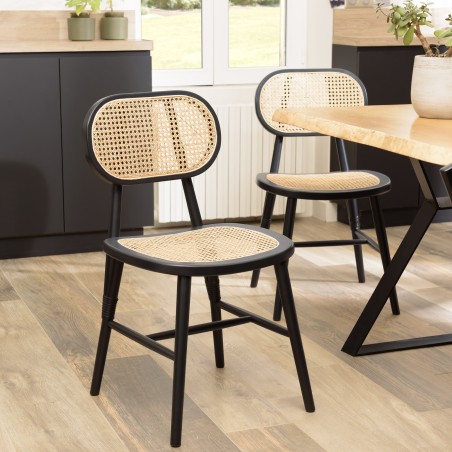 Lot 2 chaises bois noir et rotin naturel