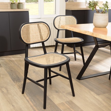 PIERRE Set of 2 Black Wooden Chairs with Rattan Seat