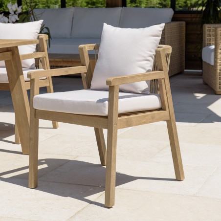 CELESTIN - Set of 2 Acacia/Synthetic Rope Armchairs, Beige with Grey Cushions
