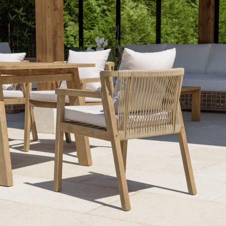 CELESTIN - Set of 2 Acacia/Synthetic Rope Armchairs, Beige with Grey Cushions
