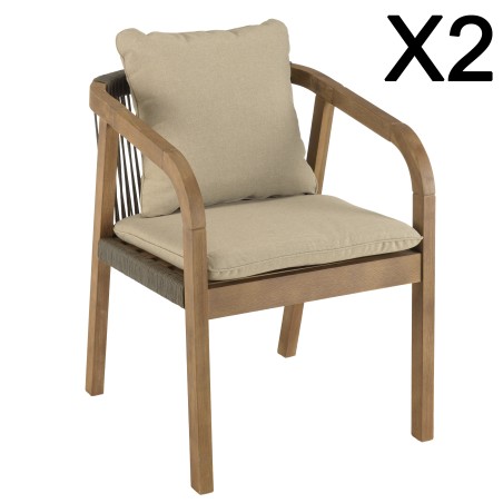 CELESTIN - Set of 2 Acacia/Synthetic Rope Armchairs, Pine Green with Cushions