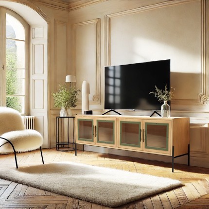 Meuble TV HELENA - 4 portes vitrées - Vert pin et métal noir