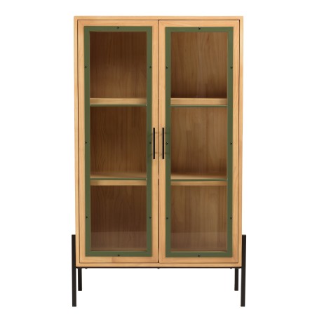 HELENA Dresser with 2 Glass Doors - Green Pine & Black Metal